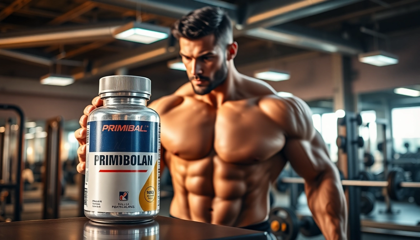 Primobal Primobolan supplement displayed during intense workout session.