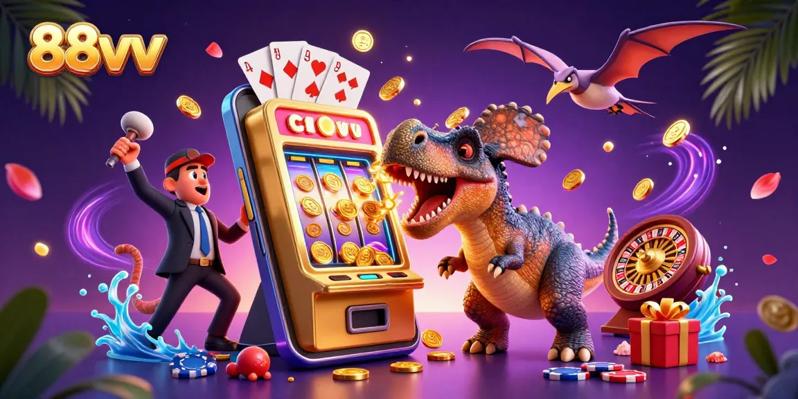 88vv brings excitement with a pachycephalosaurus winning a jackpot, surrounded by casino elements.