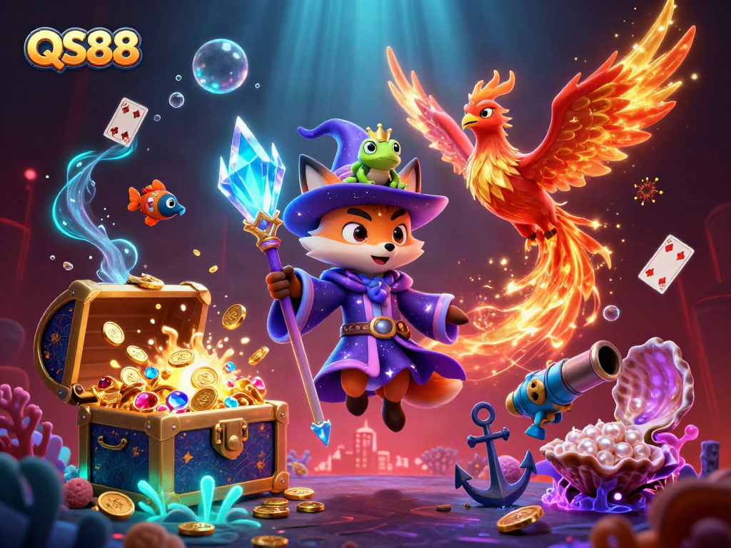 Experience exciting gameplay with QS88 in this magical 3D casino scene filled with treasure and wonder.