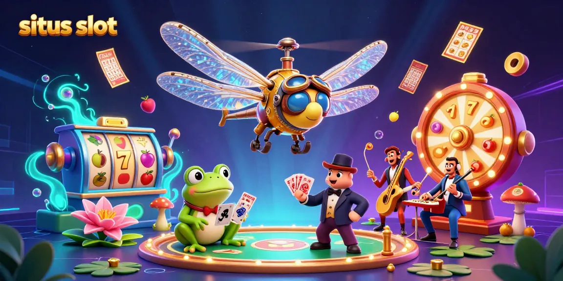 Experience the thrill of situs slot with a dragonfly pilot and frog croupier in a vibrant casino scene.
