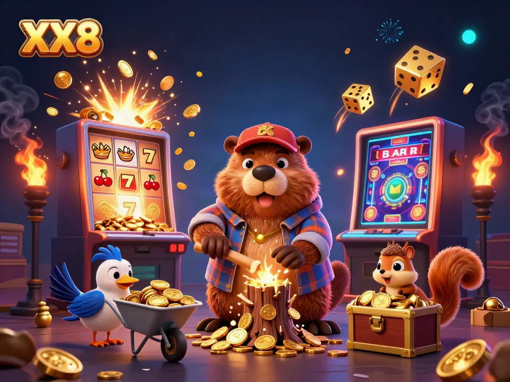 Experience the excitement at XX8 casino with vibrant characters, golden coin rain, and slot machine jackpots.