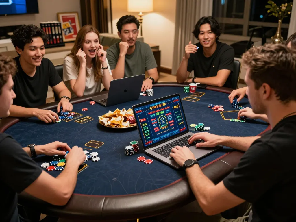 A gambler plays casino games on their laptop in a cozy home setup with friends, connecting online at s8 com.