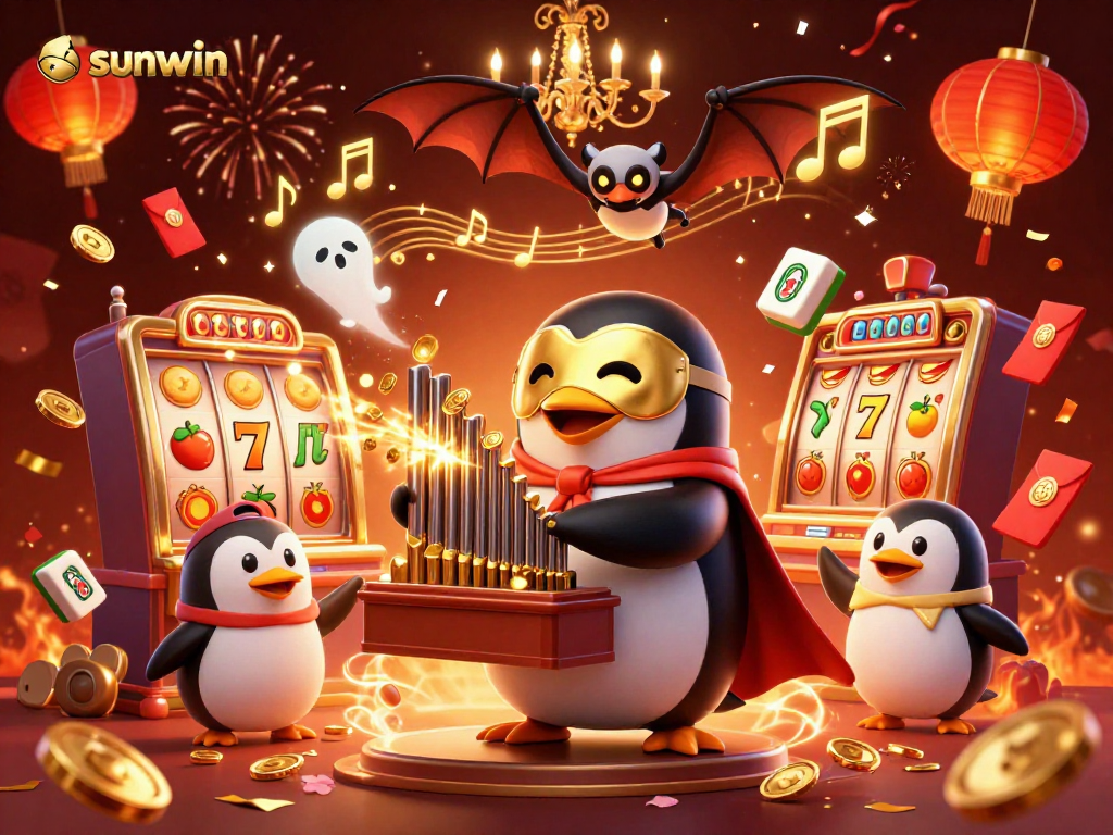 Experience the excitement of sunwin with a dynamic casino illustration featuring a playful penguin and rich gaming elements.