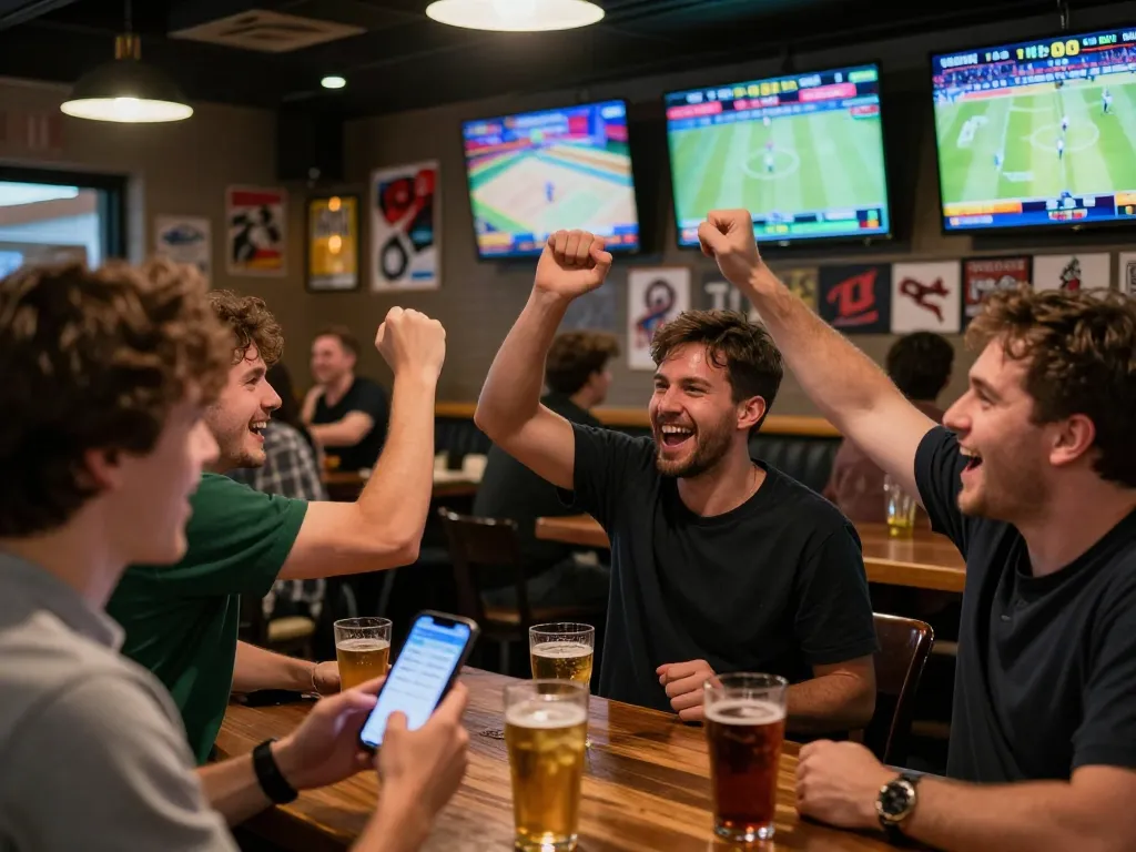 Exciting sports betting moment at Nhà cái Da88 with patrons cheering for winning bets while using mobile apps