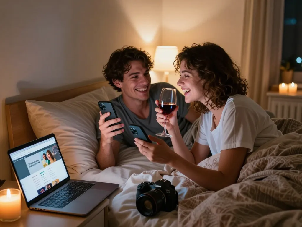 A playful couple engaged in sex chat on smartphones in a cozy bedroom setting, intimate and warm atmosphere.