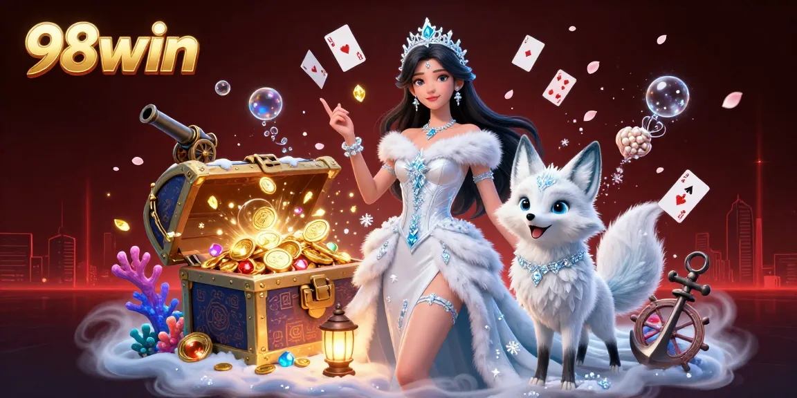 Engage in vibrant gameplay at 98win with stunning visuals featuring a mesmerizing ice queen character and exciting casino elements.