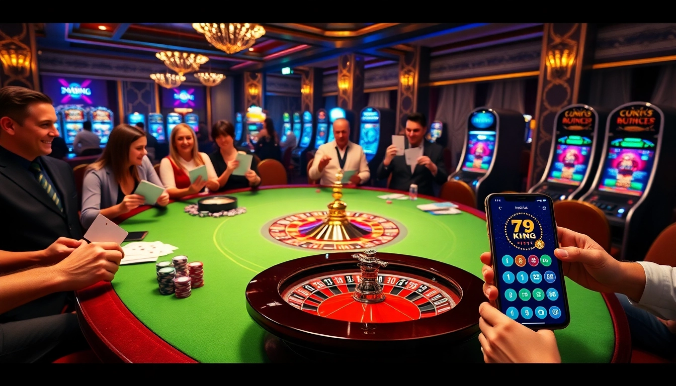 Intense gamers engaging at the 79KING casino table, surrounded by vibrant poker chips and roulette wheels.