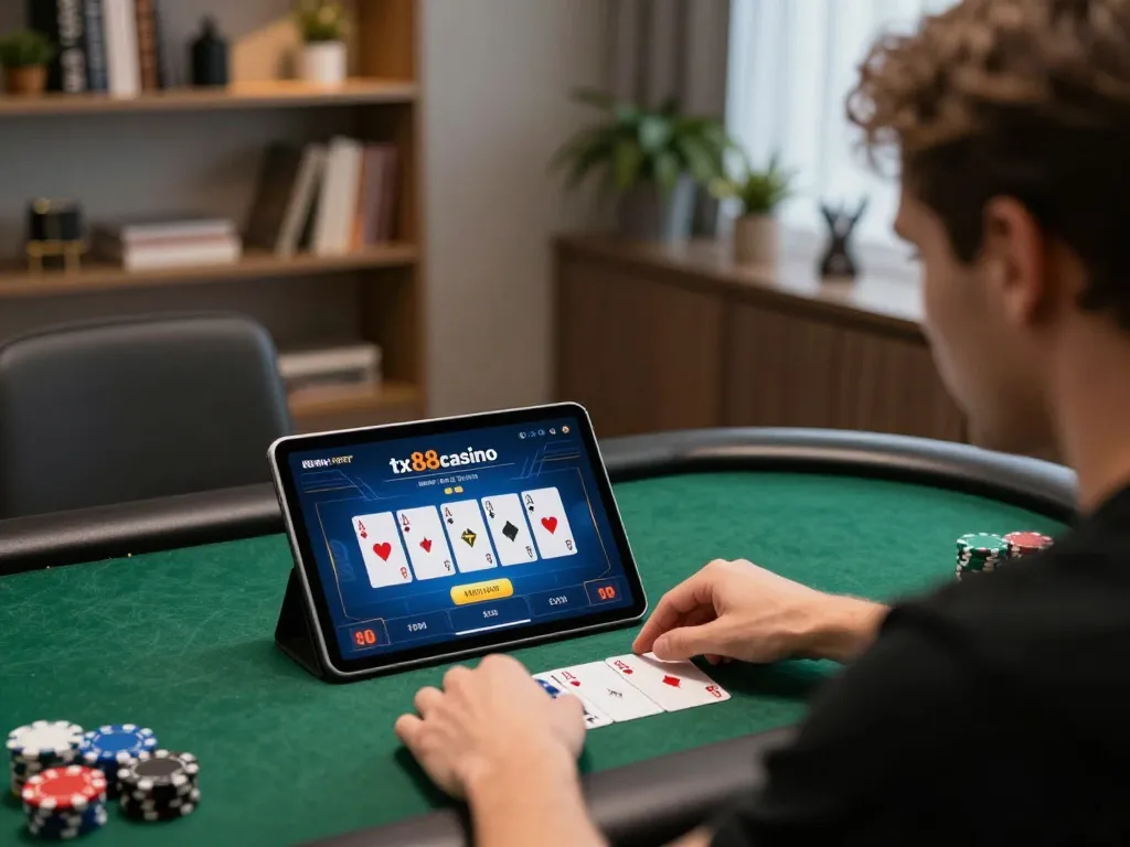 Gamer strategizing poker moves on tx88casino tablet, showcasing an engaging online gambling experience