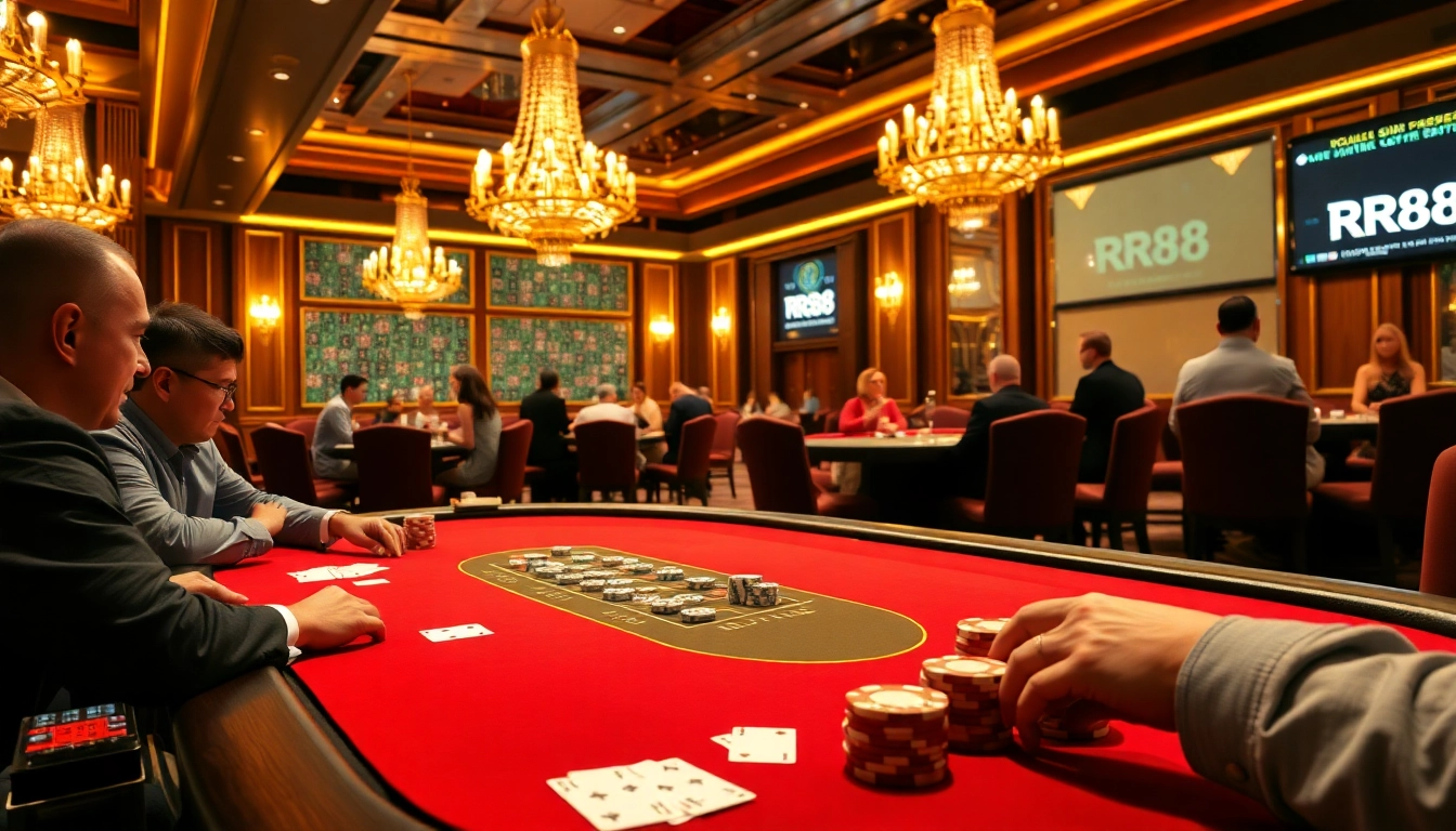 RR88 poker scene showcasing elegant players at a high-stakes table with vibrant casino ambiance.