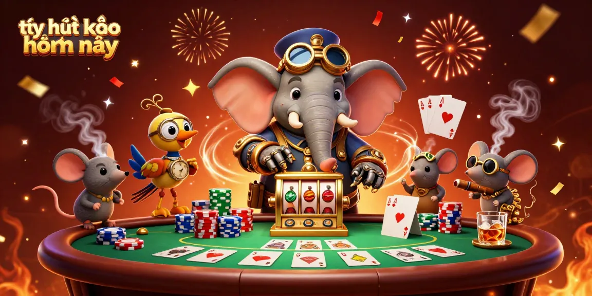 Bet on tỷ lệ kèo nhà cái hôm nay with steampunk elephant and poker table, celebrating the thrill of gambling.