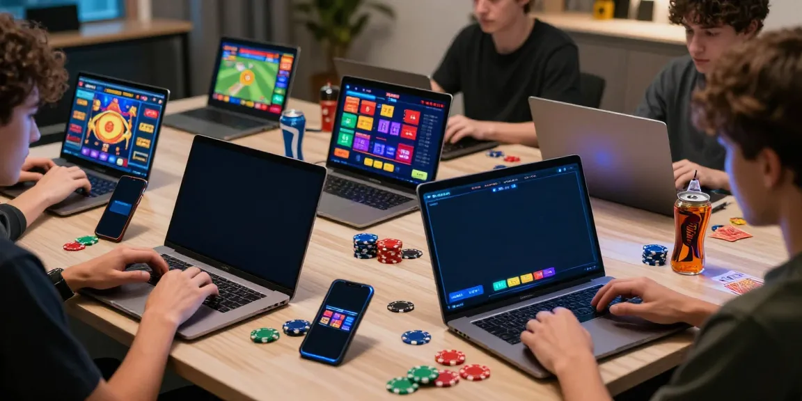 Exciting gaming scene at five88 with players betting online using laptops and mobile devices amid vibrant graphics.