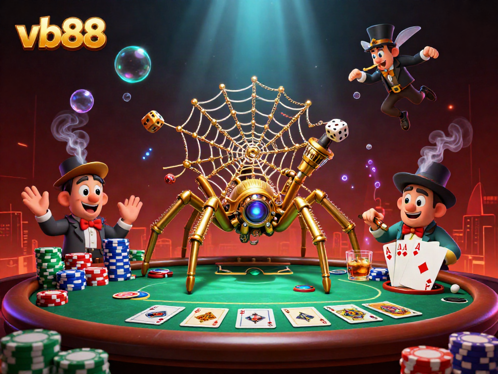 Experience the thrill of vb88 with a golden spider trapping dice in its web at an extravagant casino.