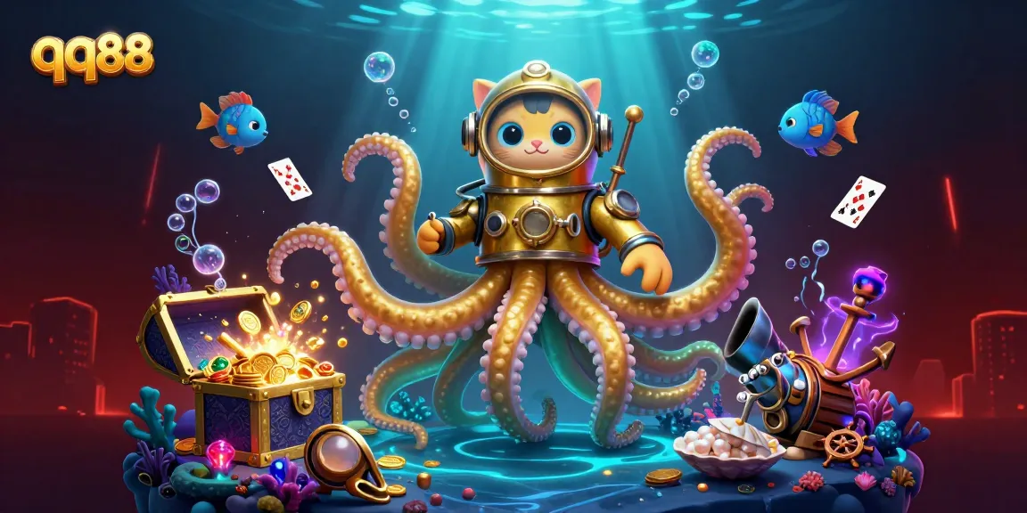 Experience thrilling games at qq88 with a kraken and diving cat in a treasure-filled ocean.