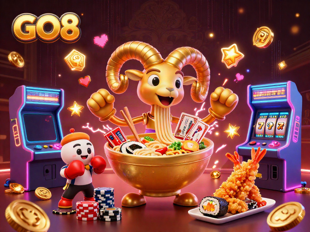 Experience thrilling gameplay at GO8 with a vibrant 3D casino scene showcasing games and playful characters.