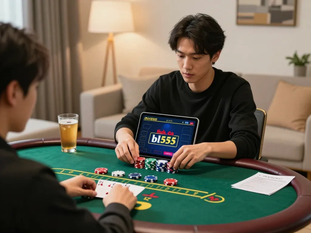 Engaging in live dealer blackjack at nhà cái bl555 in a stylish home setting, reflecting responsible gaming.