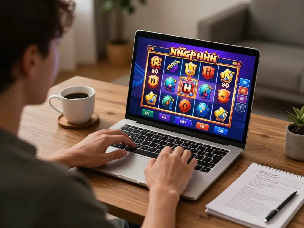 Engaging in nổ hũ slot game on laptop with strategic notes and coffee, at home.