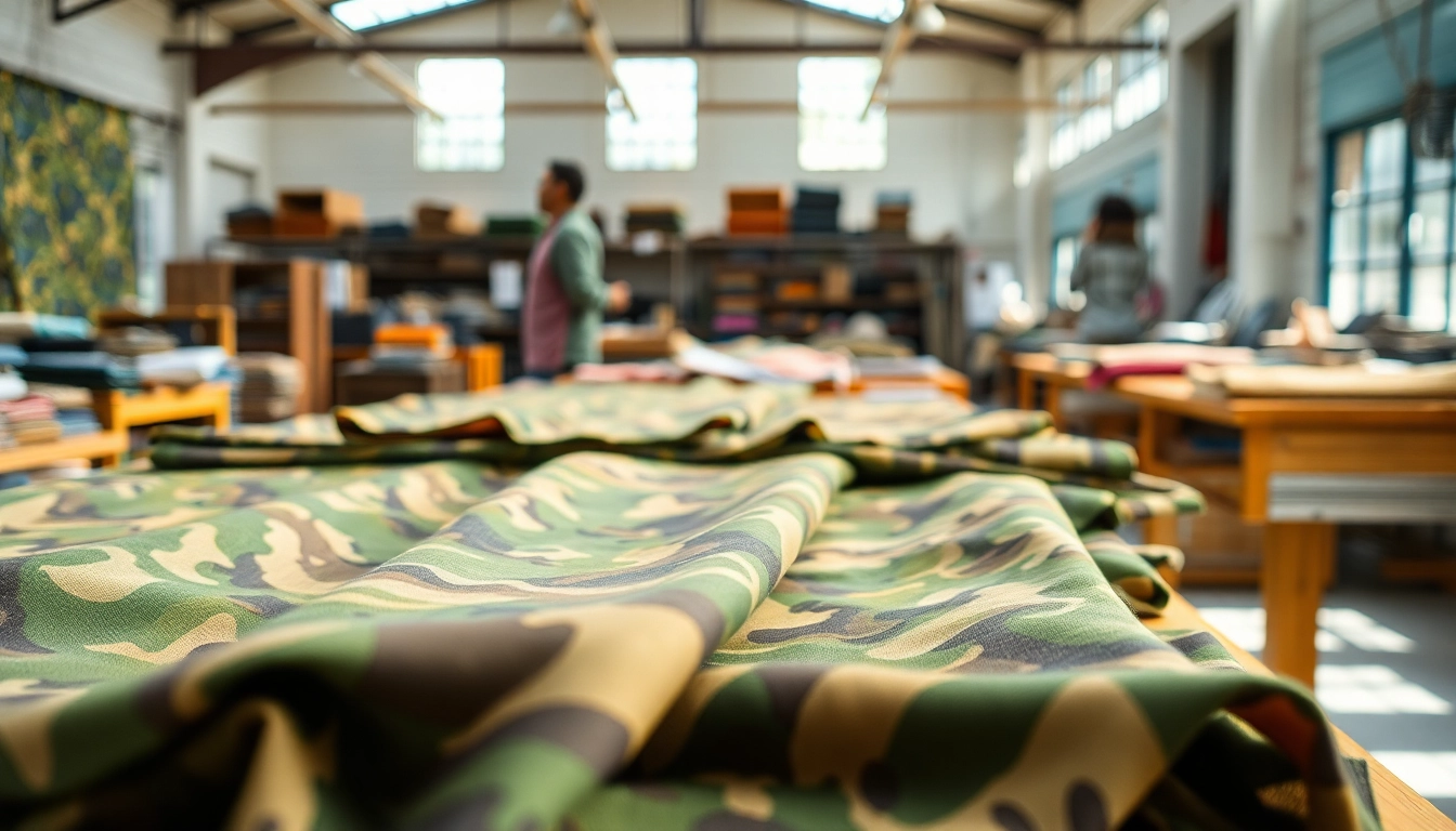 Bekijk diverse camouflage print stoffen in een kleurrijke textielwerkplaats.