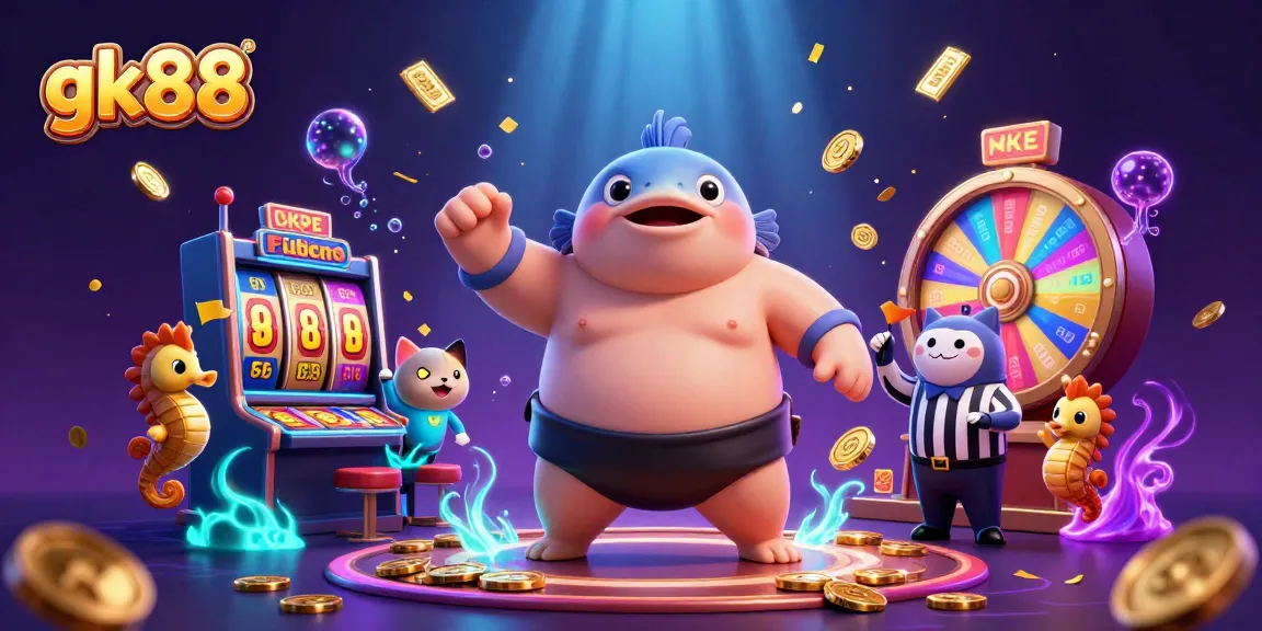 gk88 celebrates casino excitement with a sumo fugu character and vibrant game elements.