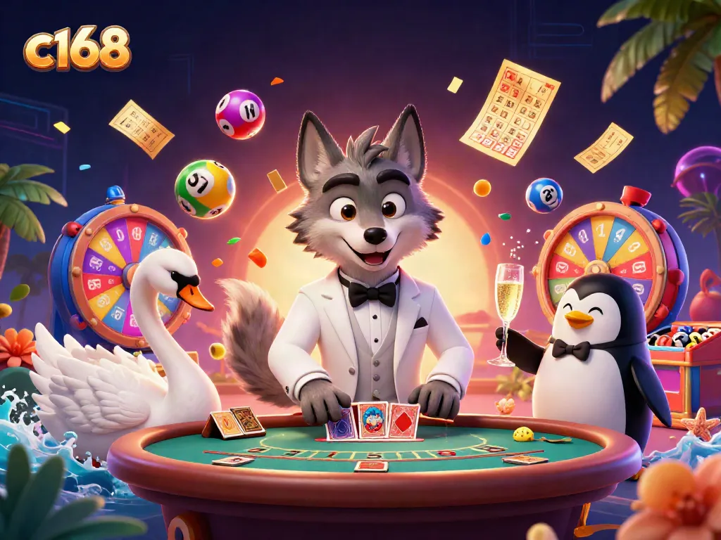 Experience thrilling baccarat action with c168 as a debonair wolf plays alongside a swan dealer and penguin sommelier.