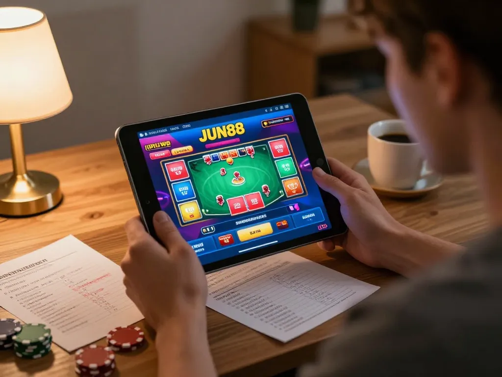Engaging in mobile gambling at JUN88 with poker options displayed on tablet in a cozy home setup.