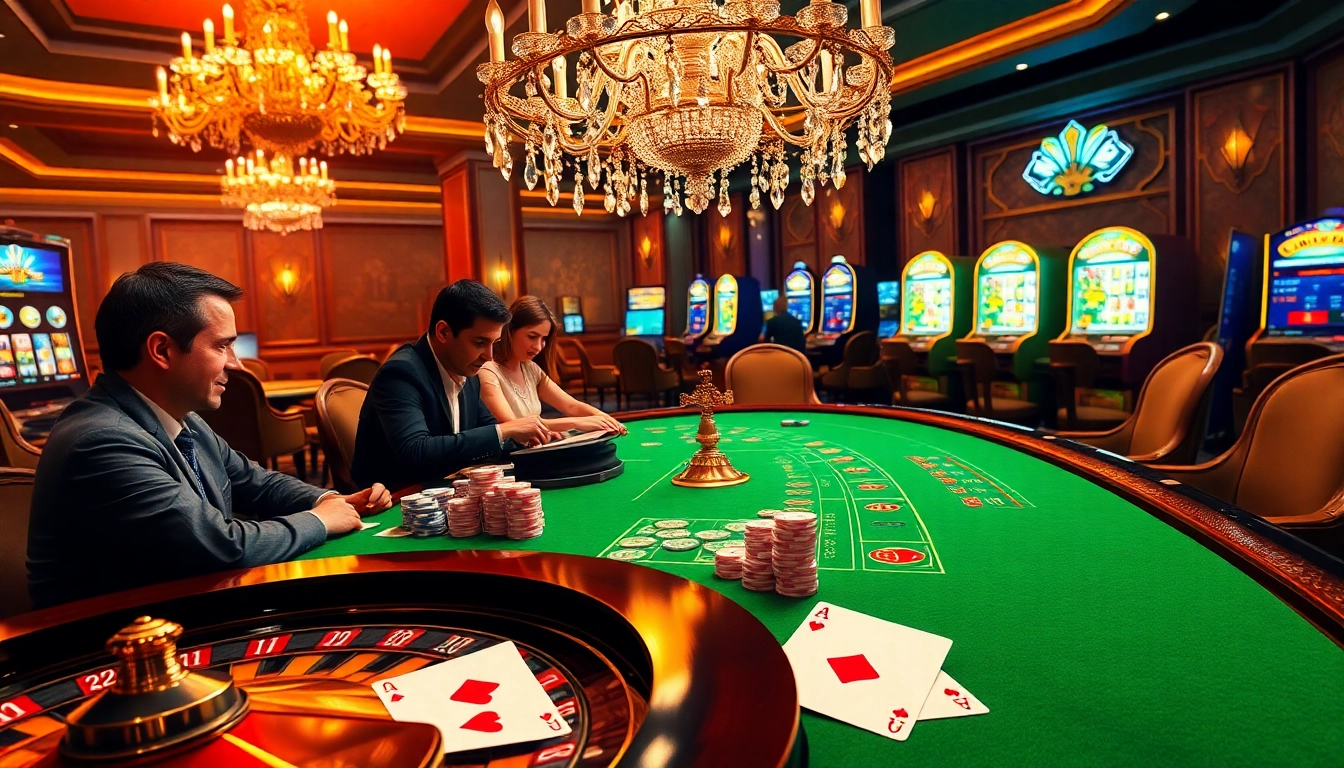 An interactive online gambling scene at https://c168.works/, featuring luxurious casino tables, poker chips, and vibrant slot machines.