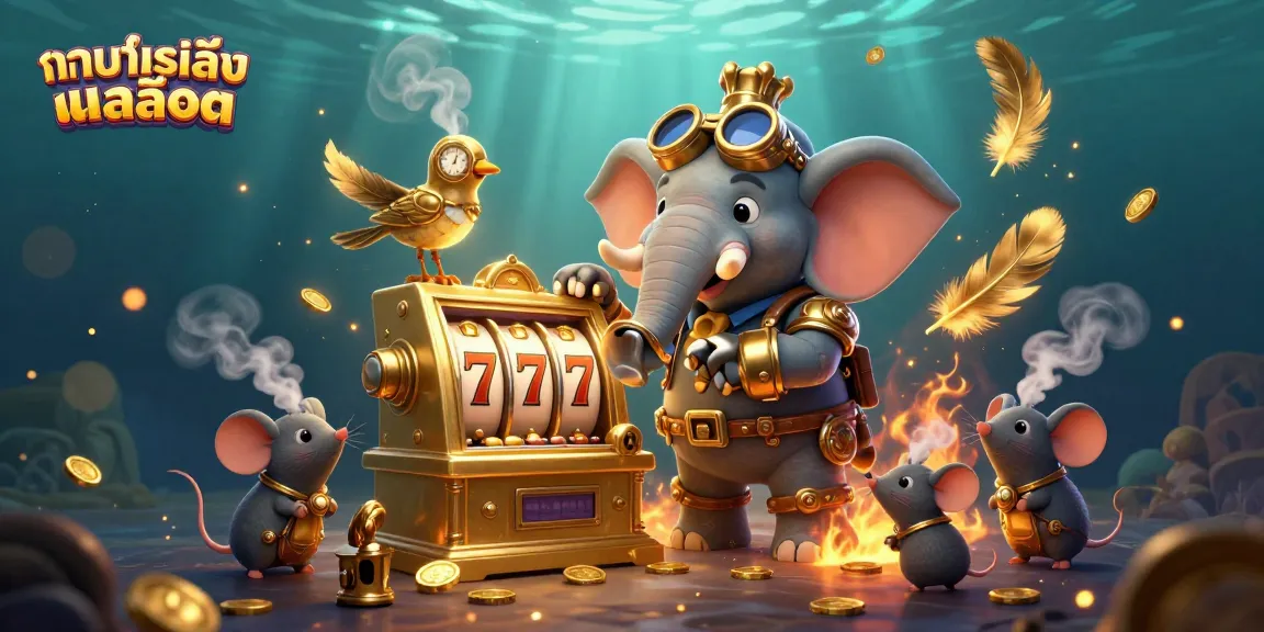Spin the reels now with ทดลองเล่นสล็อต in a vibrant 3D casino scene featuring a steampunk elephant.