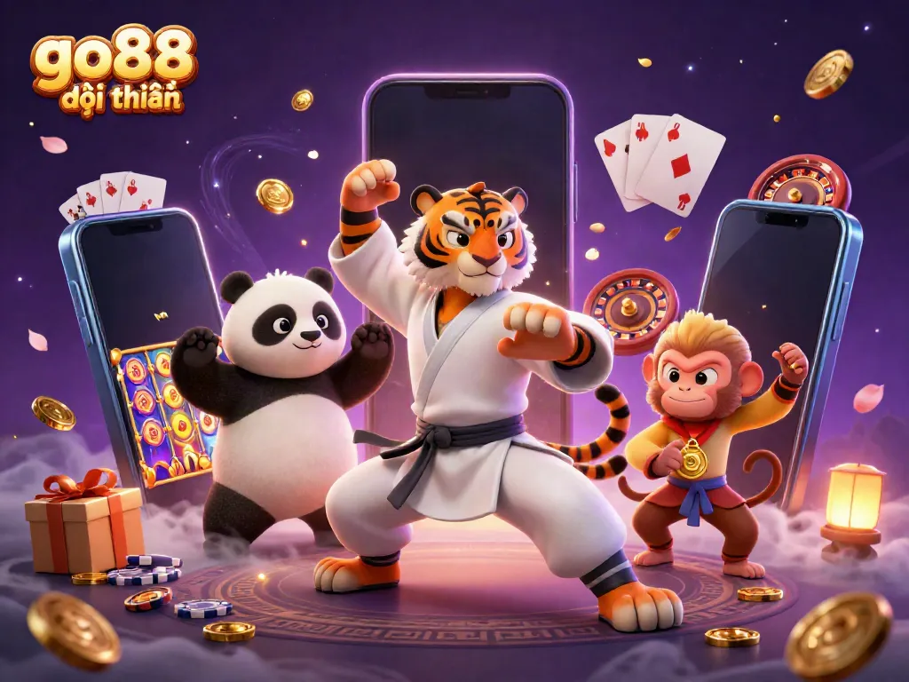 Experience go88 đổi thưởng with an engaging, colorful 3D illustration featuring dynamic casino elements and playful characters.