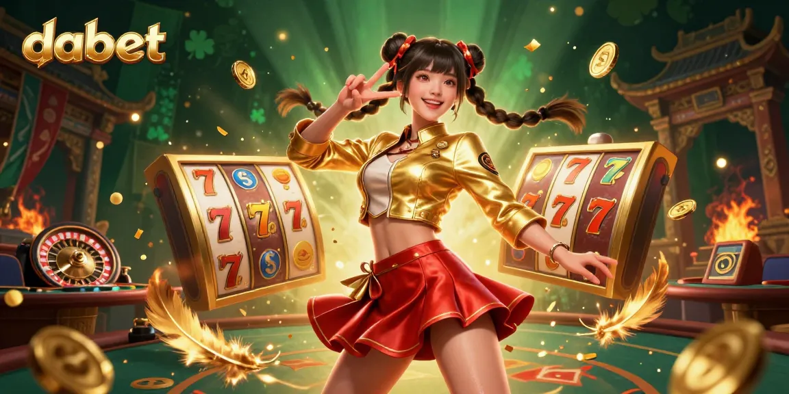 dabet showcases lively slot reels and vibrant jackpot symbols with an energetic Asian woman in a casino