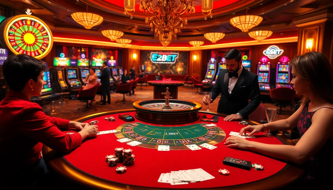 E2BET's vibrant casino scene showcasing poker and excitement in 2025 with colorful slot machines.