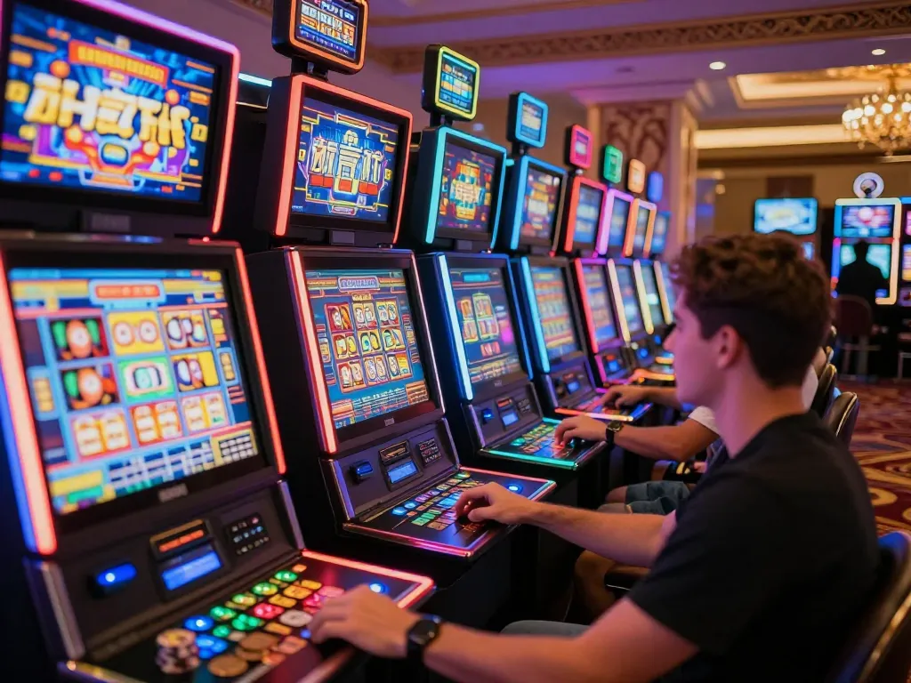 Players spinning slot machines at CM88 casino, vibrant lights reflecting excitement in the air
