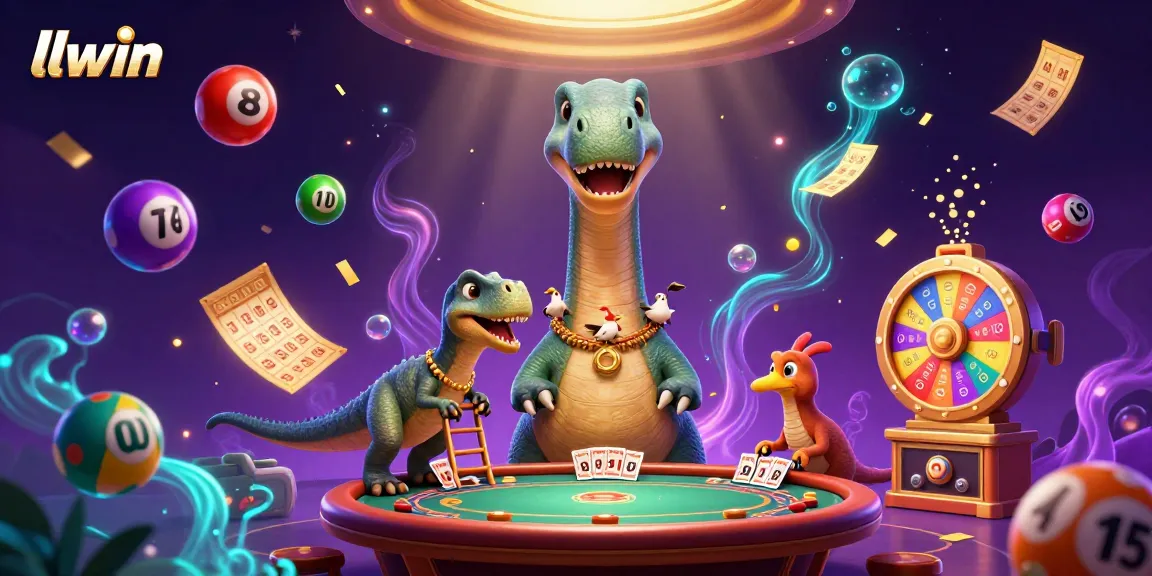 Experience llwin excitement with a giant brontosaurus above a poker table surrounded by colorful lottery elements.