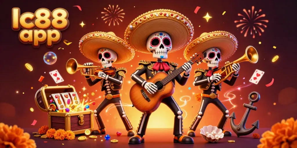 Experience the exciting lc88 app with vibrant skeleton musicians and dynamic casino game elements!