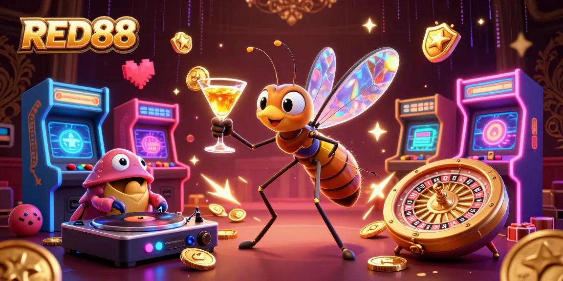 Experience the vibrant world of RED88 with a 3D cartoon scene showcasing casino elements and gaming energy.