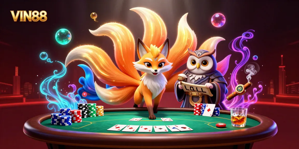 Experience the excitement of VIN88's vibrant casino atmosphere with a mystical nine-tailed fox and wise owl.