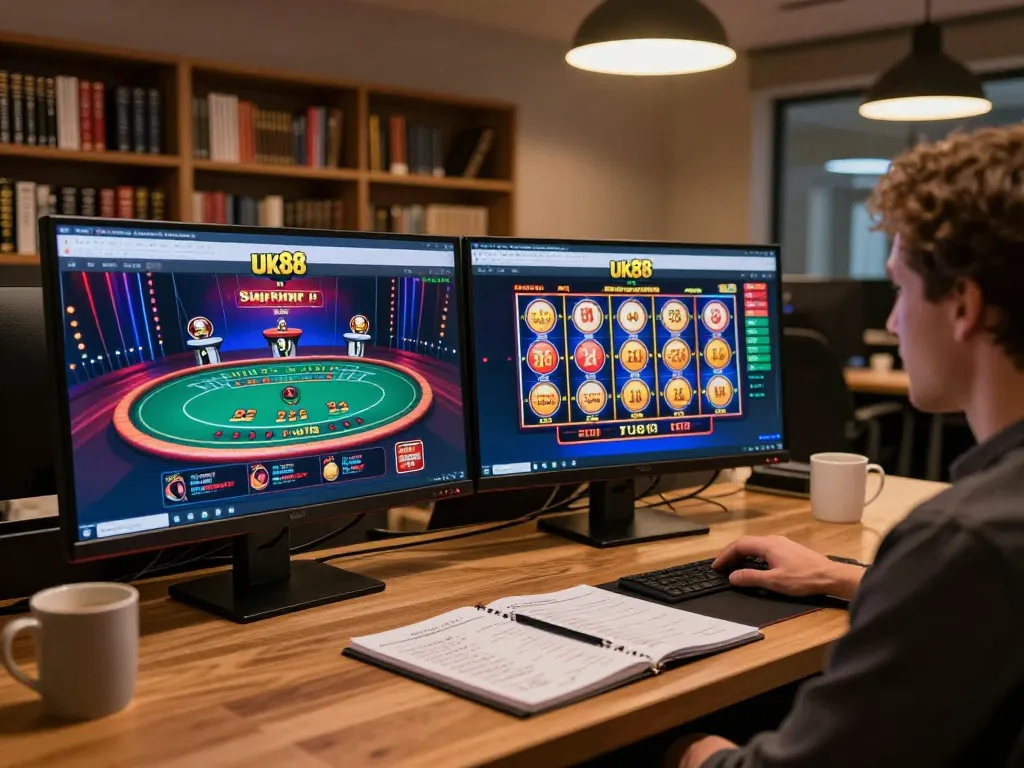Person engaging with the Uk88 online casino interface on dual screens in a cozy home office.
