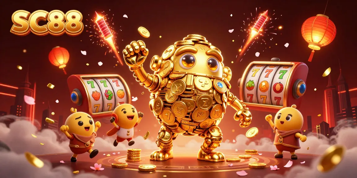 SC88 brings excitement with a golden golem and spinning slot reels in a vibrant casino scene.