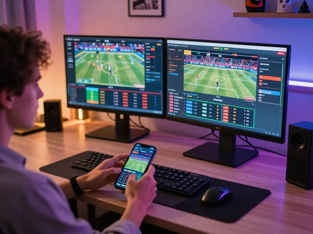 Engaging in LINK FABET sports betting with smartphone while monitoring live game statistics on desktop.