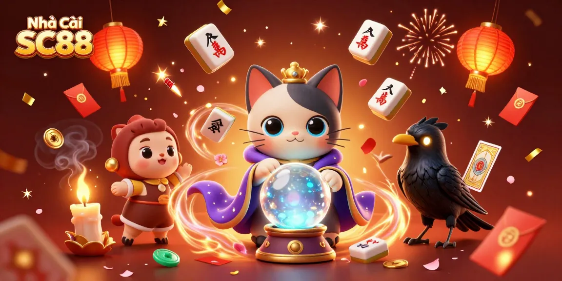Engage with Nhà cái SC88 as the mystical fortune teller cat and glowing raven showcase vibrant casino elements in this exciting backdrop.