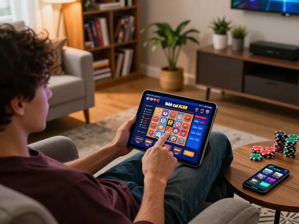 Engaging in online gaming at Nhà cái SC88 with tablet in cozy home setting