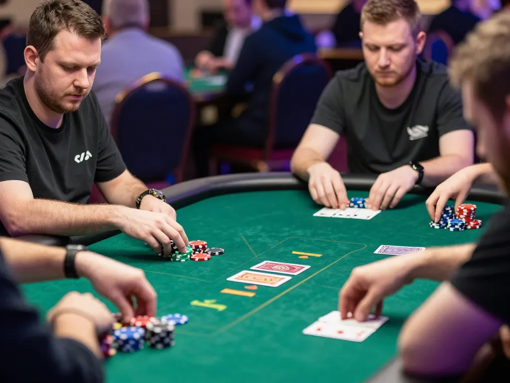 Engaged players strategizing in a high-stakes KP88 poker game with colorful chips and cards.