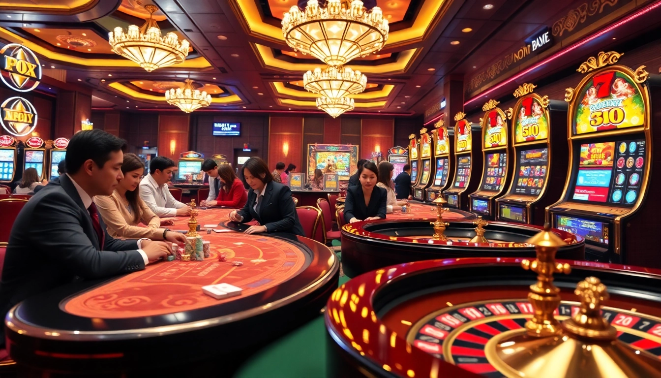 Exciting gameplay at a luxurious casino, highlighting nhatvip.com and vibrant tables.