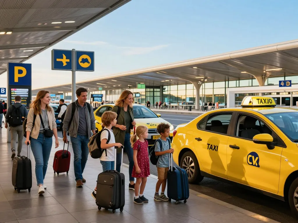 Taxi schiphol ophaalscene met gezin bij de taxistandplaats van Amsterdam Airport