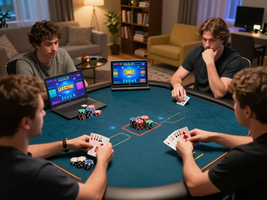 LUCKY88 players showing excitement during an online poker game at home.