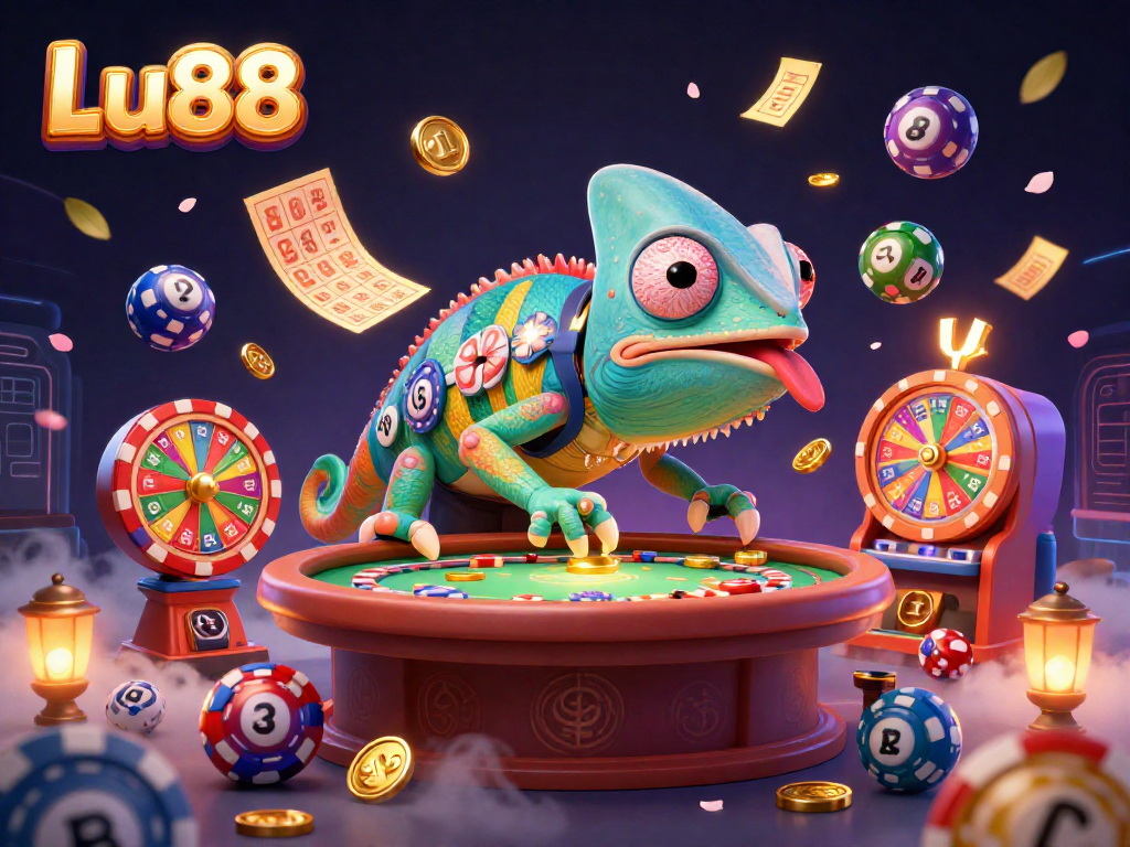 Experience Lu88 with vibrant casino elements, as a colorful chameleon owner captures golden coins amidst lottery excitement.