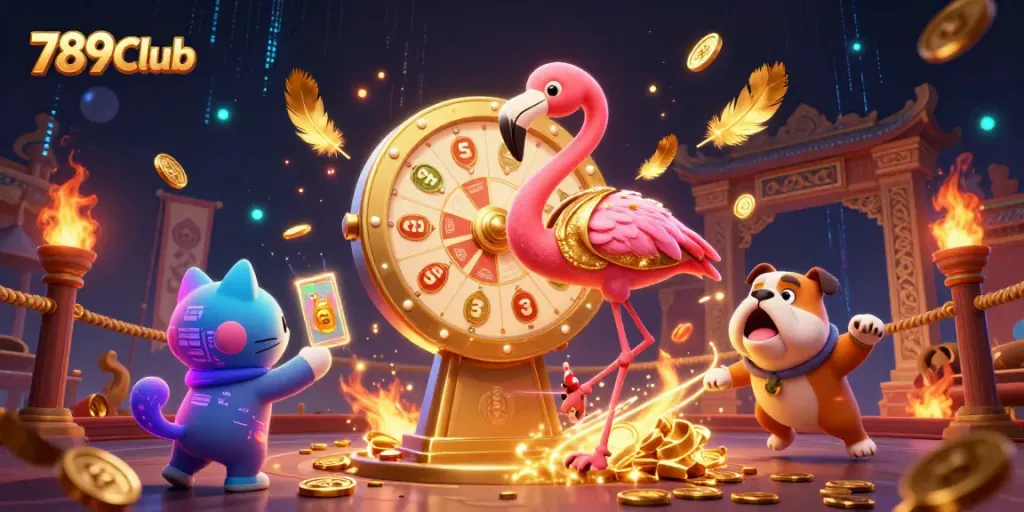 Experience excitement with 789Club as a flamingo host spins the prize wheel while a bulldog celebrates.
