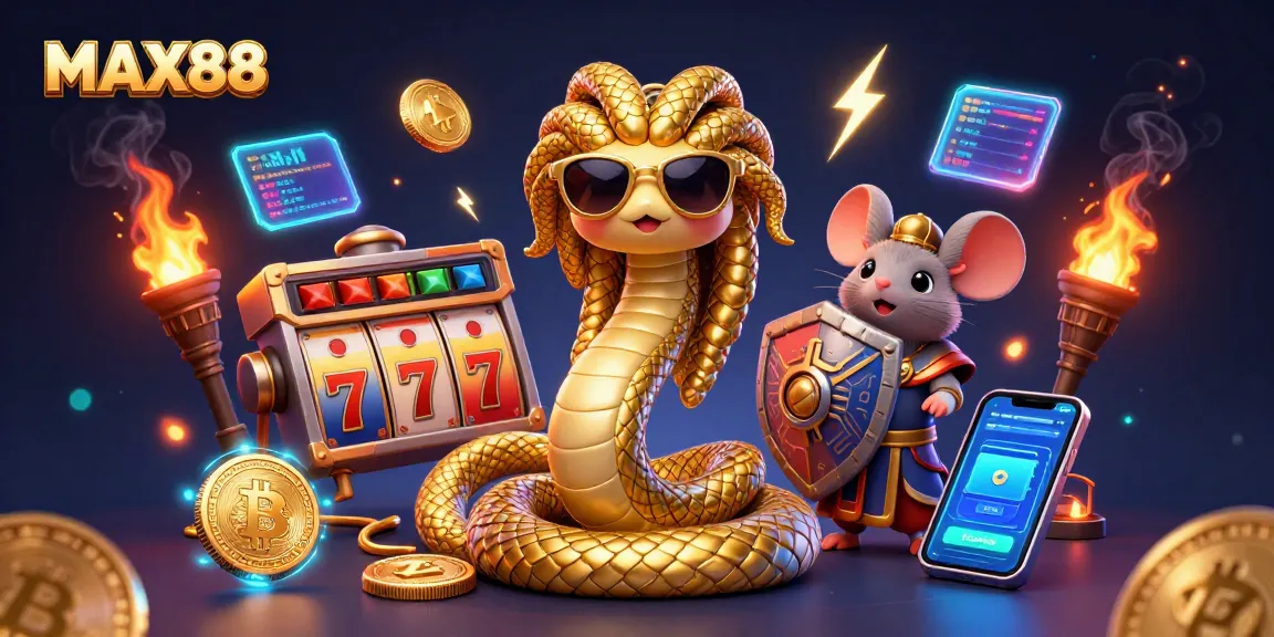 Experience MAX88 with a vibrant 3D illustration featuring Medusa and casino elements for exciting gameplay.
