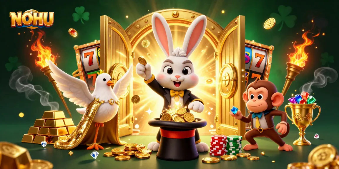 Engaging NOHU illustration showcasing a magician rabbit, dove, and monkey among golden treasures and slot reels.