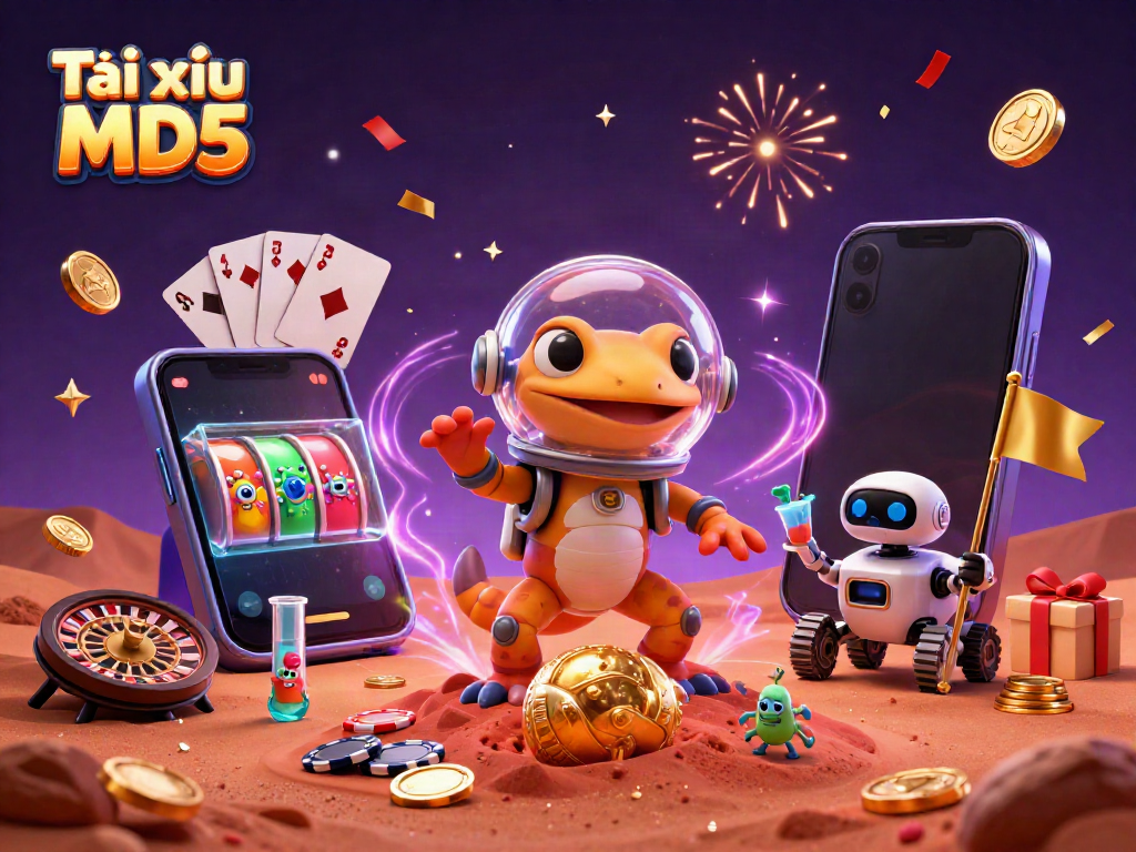 Tài xỉu MD5 shines in a vibrant 3D casino scene with golden coins and game characters.