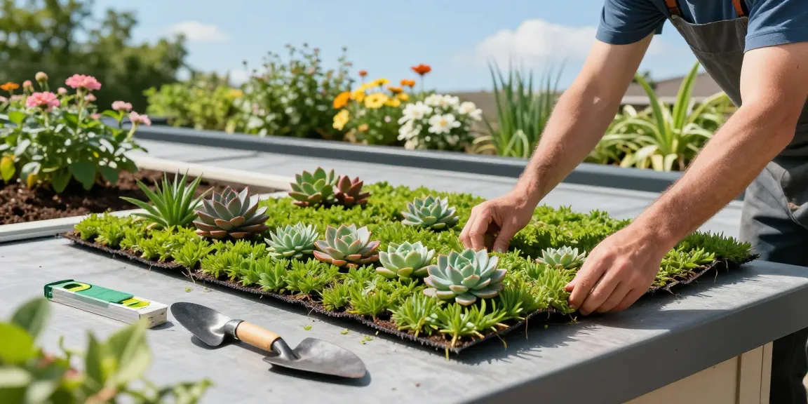 Lichtgewicht groendak installatie met levendige sedum planten op een zonnige dag