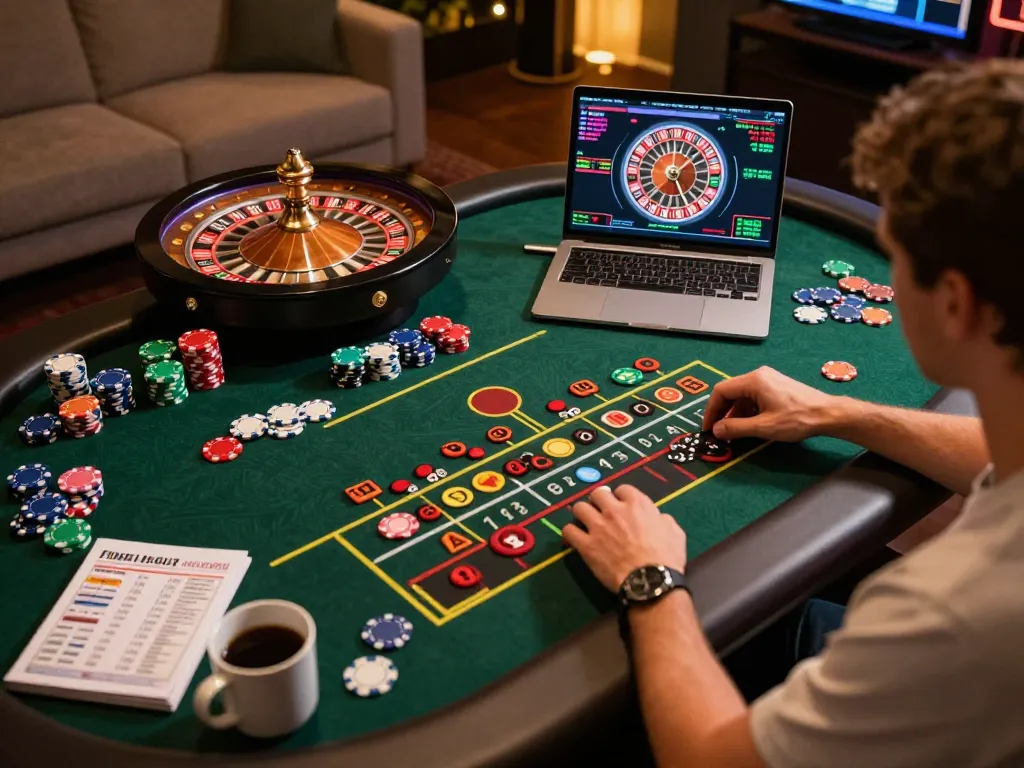 Red88 player strategizing during an online roulette game at home, dynamic gaming setup.